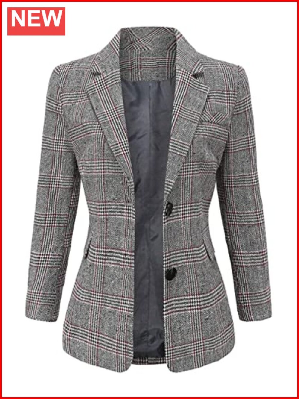 Women Double Breasted Houndstooth Plaid Slim Boyfriend Blazer Jacket